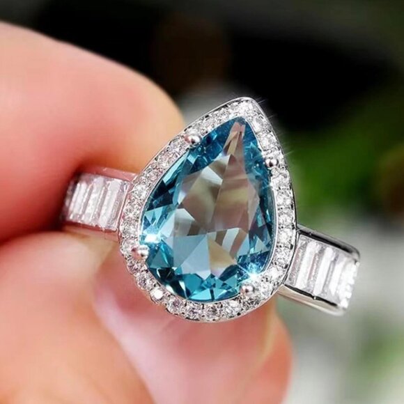 Aquamarine Zirconia Teardrop Cut Featuring Zirconia Baguettes on Sterling Silver - Picture 2 of 4